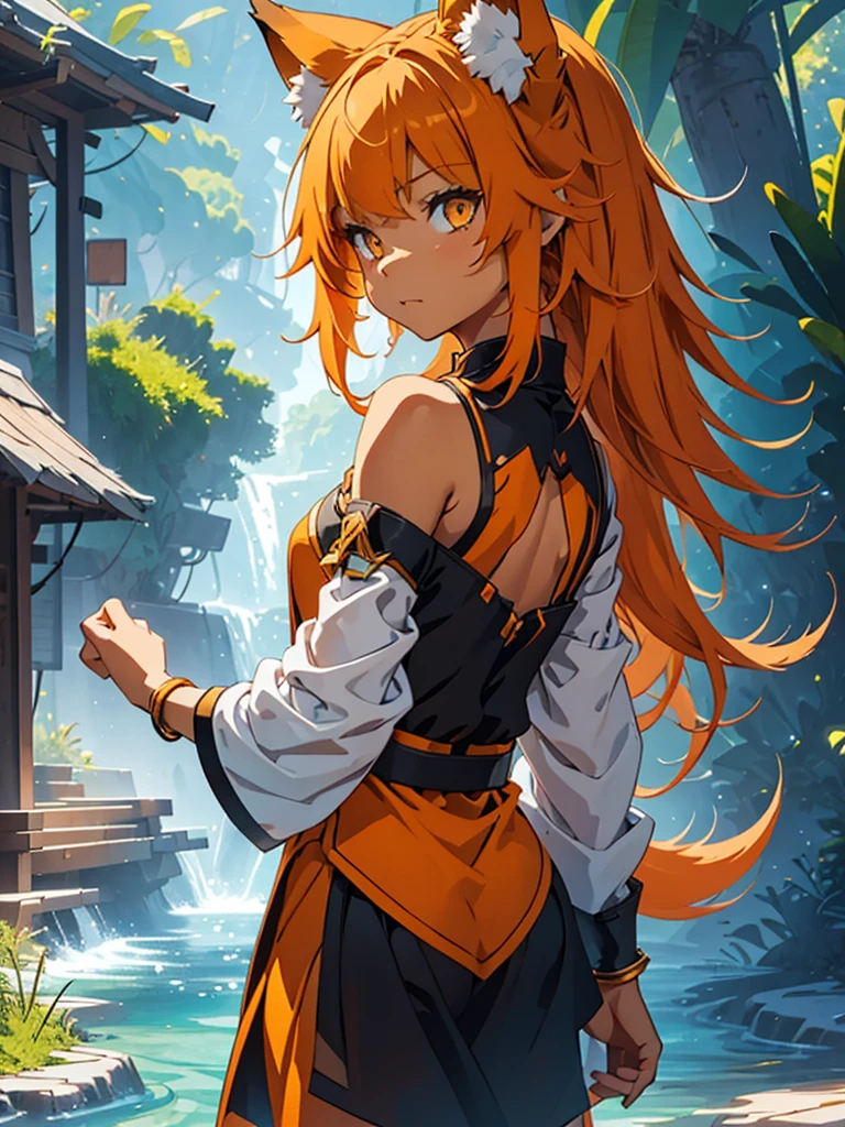 Young girl with shoulder length orange hair and yellow eyes, wearing a simple tunic, orange fox ears with a white tip and an orange fox tail with a white tip.