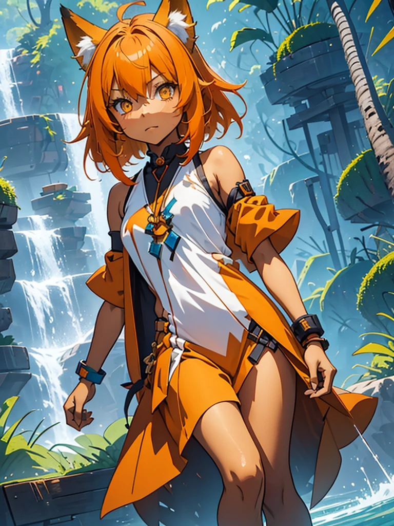 Young girl with shoulder length orange hair and yellow eyes, wearing a simple tunic, orange fox ears with a white tip and an orange fox tail with a white tip.