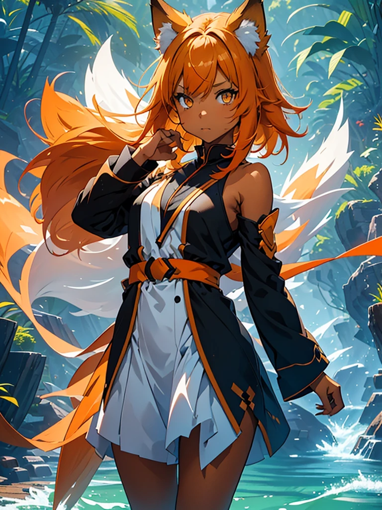 Young girl with shoulder length orange hair and yellow eyes, wearing a simple tunic, orange fox ears with a white tip and an orange fox tail with a white tip.