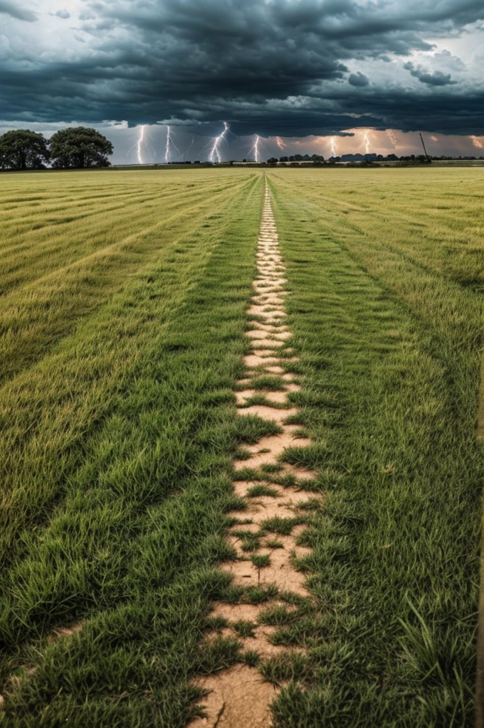 A short grass field with a long path in the middle and with cloudy skies about to rain and with lightning And above you have the floor "I will follow you"
