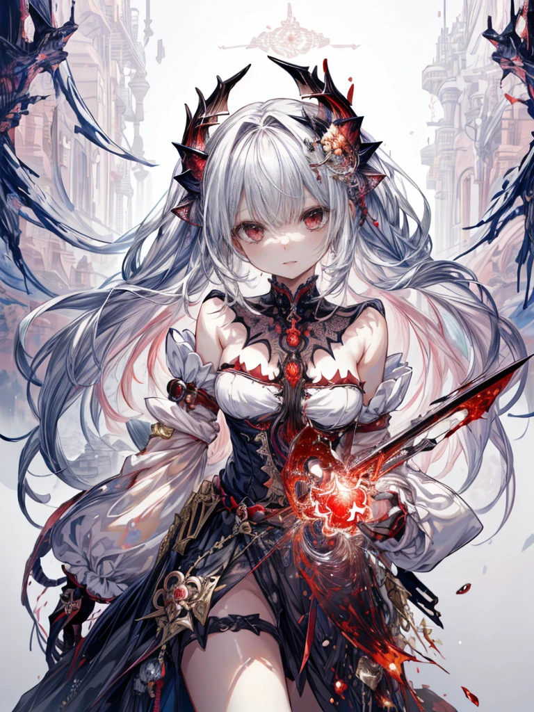 Silver hair, twin drills, abyss, large black wings, jet black sword in one hand, countless swords wrapped around the body, sharp gaze, red light in the eyes, raised corners of the mouth, open arms, blue flames, all alone, scary smile, back