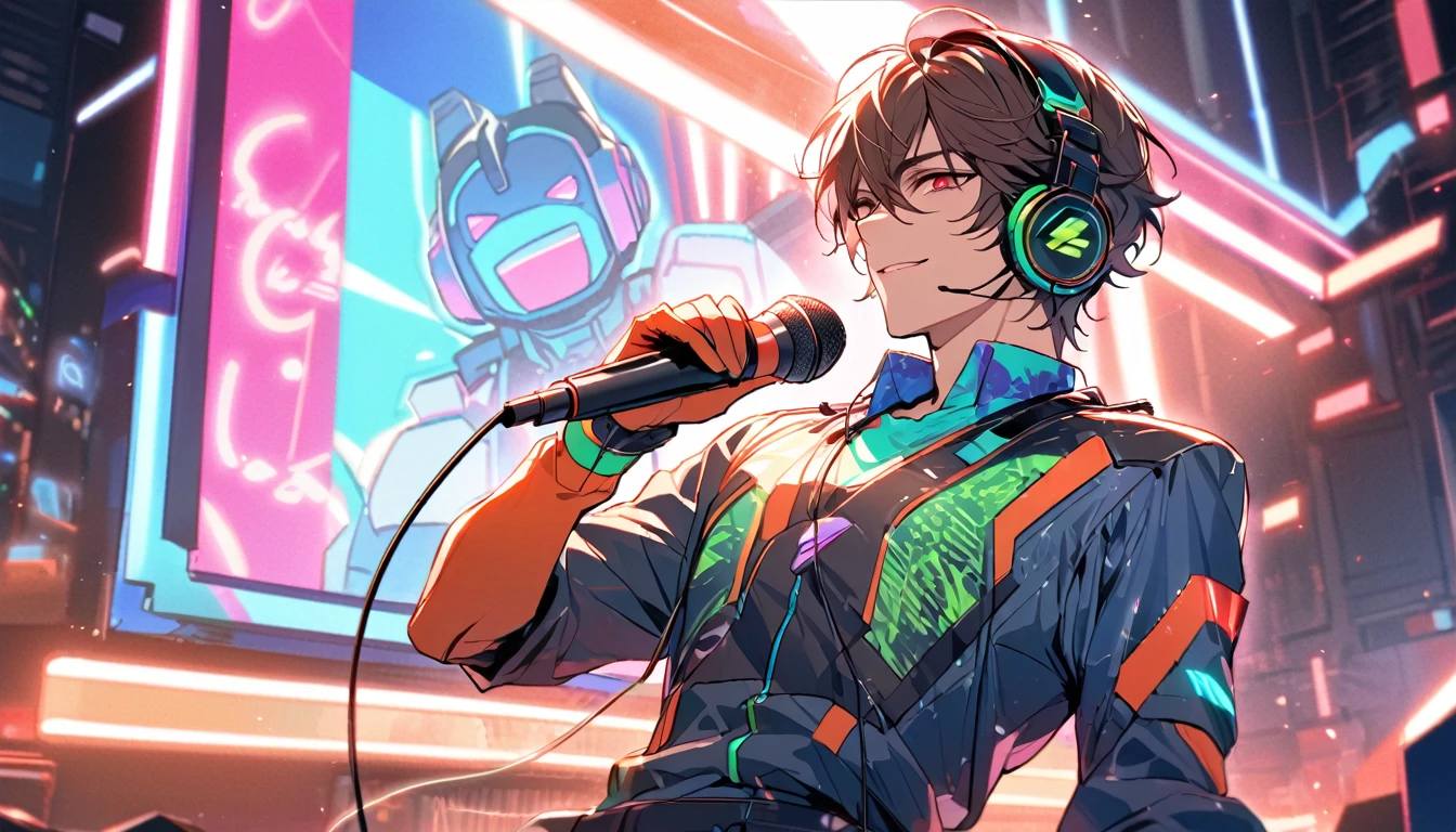 Handsome, single, clearly washed out, male, red eyes, short, brown hair, headphones, neon colored sci-fi robot suit. Mixes sci-fi and neon tones. Behind it is a robot with neon lights. In the background, a large robot clearly sings on stage, wearing a neon shirt and holding a cool microphone. and sing on stage
