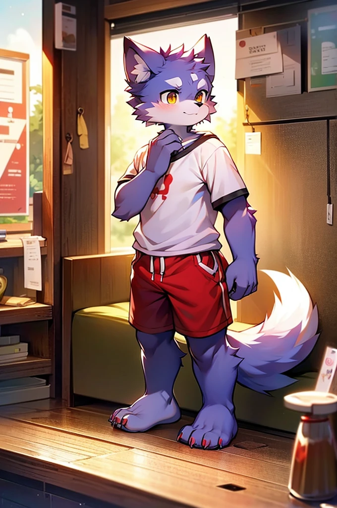 Hairy,Grey fur,male,canid,Arctic fox,One person,Sharp Claws,Fine fur,Golden Eyes,Thick eyebrows,Fluffy tail,Red short sleeves,White shorts,Super detailed:1.0,Libido Boy,,(Dagashi street:1.1),Anatomically correct,Red nails,exposed nails,Barefoot feet,Barefoot feet,Stand on your own two feet,Notice,Purple body,
