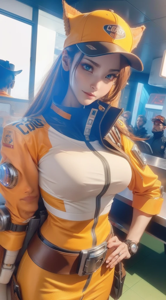 anime, ((beautiful face)), beautiful perfect face, perfect look, CGI, trending on PS5
, uhd, ultra detailed, sharp beautiful eyes, ((pretty face)), focus on the face, (face)
full body shot,
cyborg female, female machinery, in a orange garbage collector uniform, and a hat, belt, ornaments on ears, in space, garbage space ship in the backgrounds, cyberpunk, comic style, 4k, high resolution, highly detailed, highly detailed face, 3/4 body portrait, slim body, intricate details, highly detailed, (cowboy shot:1.2),