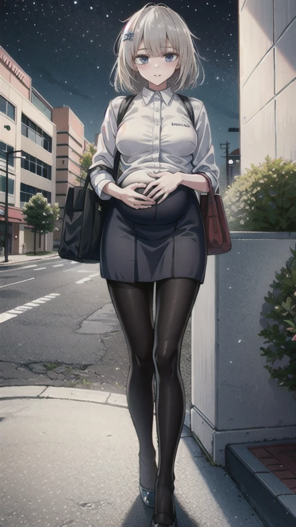 1 Girl, Solitary, woman, AK-74M, White shirt, permanent, full-body shot, Blue Skirt, outdoor, night, 4K, Bokeh, Pantyhose, Carrying a bag, Mature woman, A date, One bag, High heel ，Pregnant，In the office