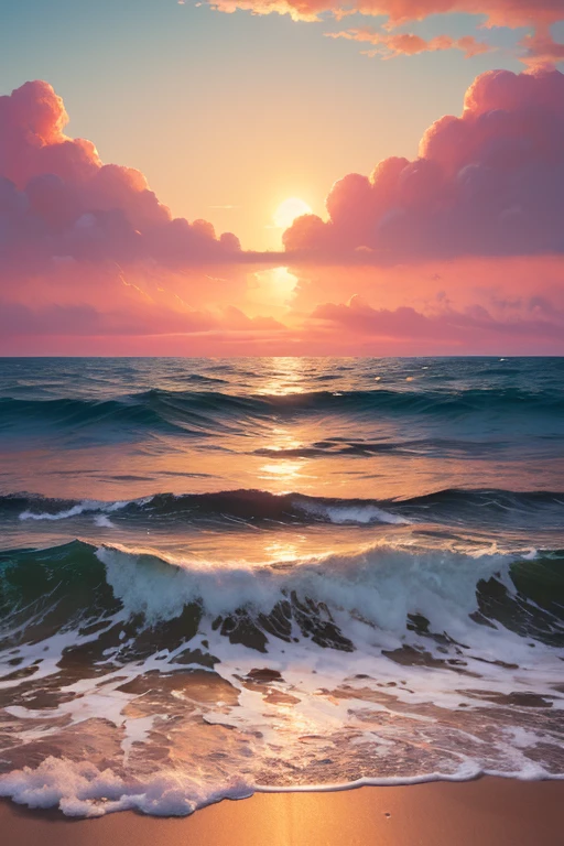 “A stunning seascape painting in the style of Andres Segura, featuring the serene yet powerful beauty of the ocean. The scene captures a dramatic sunset with the sky painted in vibrant hues of orange, pink, and purple, reflecting on the gently rolling waves. In the foreground, the waves crash against the rocky shoreline, with fine details showcasing the frothy white foam. The water appears almost translucent, revealing hints of the seabed below. The distant horizon is calm, where the sea meets the sky, creating a sense of infinite vastness. The overall atmosphere combines realism with a romantic, almost dreamlike quality, evoking a sense of peace and awe.”
