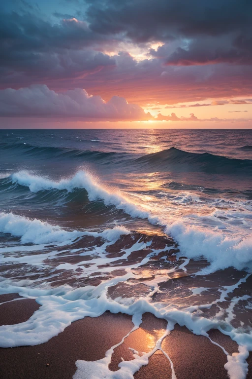 “A stunning seascape painting in the style of Andres Segura, featuring the serene yet powerful beauty of the ocean. The scene captures a dramatic sunset with the sky painted in vibrant hues of orange, pink, and purple, reflecting on the gently rolling waves. In the foreground, the waves crash against the rocky shoreline, with fine details showcasing the frothy white foam. The water appears almost translucent, revealing hints of the seabed below. The distant horizon is calm, where the sea meets the sky, creating a sense of infinite vastness. The overall atmosphere combines realism with a romantic, almost dreamlike quality, evoking a sense of peace and awe.”