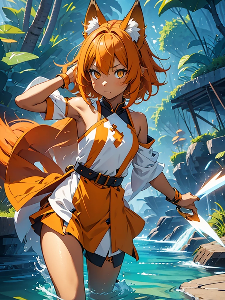 Young girl with shoulder length orange hair and yellow eyes, wearing a simple tunic, orange fox ears with a white tip and an orange fox tail with a white tip.