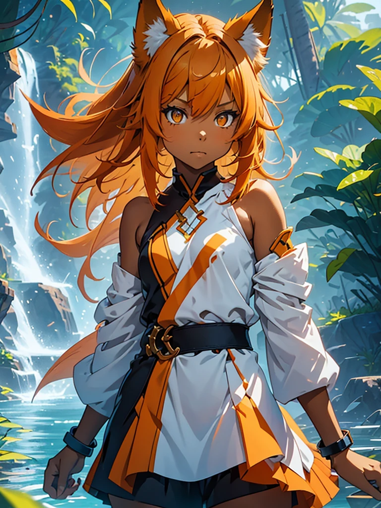 Young girl with shoulder length orange hair and yellow eyes, wearing a simple tunic, orange fox ears with a white tip and an orange fox tail with a white tip.