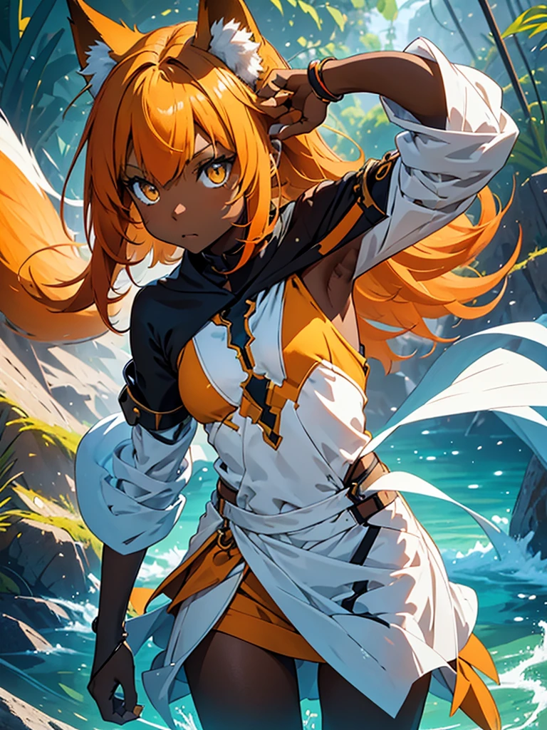 Young girl with shoulder length orange hair and yellow eyes, wearing a simple tunic, orange fox ears with a white tip and an orange fox tail with a white tip.