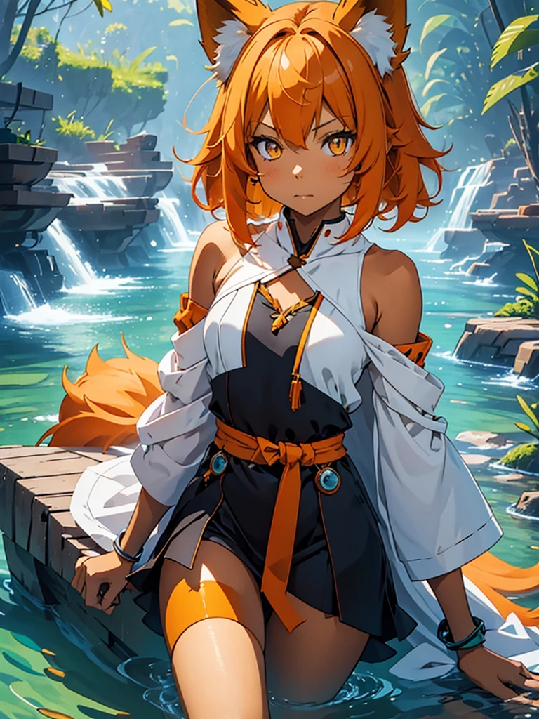 Young girl with shoulder length orange hair and yellow eyes, wearing a simple tunic, orange fox ears with a white tip and an orange fox tail with a white tip.