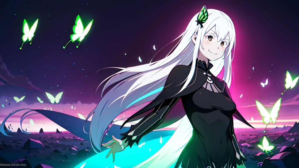 absurdres, highres, ultra detailed, echidna, brown eyes, medium breasts, butterfly hair ornament, (colored eyelashes:1.1), capelet, black dress, long sleeves, looking at viewer, evil smile, otherworldly hues, surreal landscapes, unseen light, ethereal glow, neon green glow, vibrant colors, ghostly effect