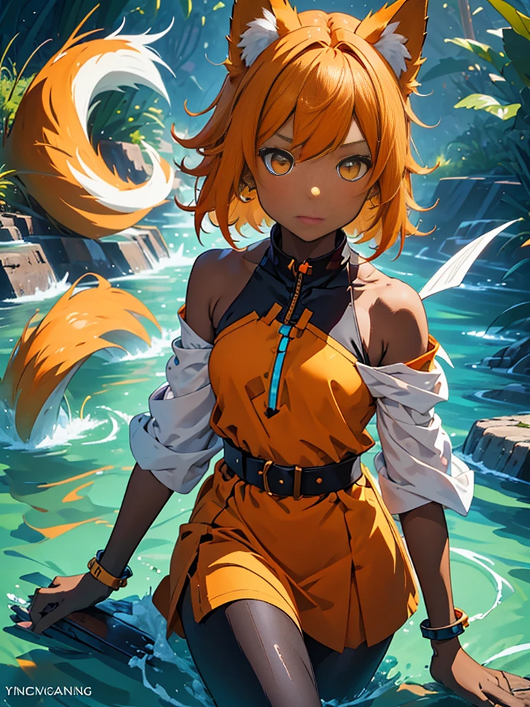 Young girl with shoulder length orange hair and yellow eyes, wearing a simple tunic, orange fox ears with a white tip and an orange fox tail with a white tip.