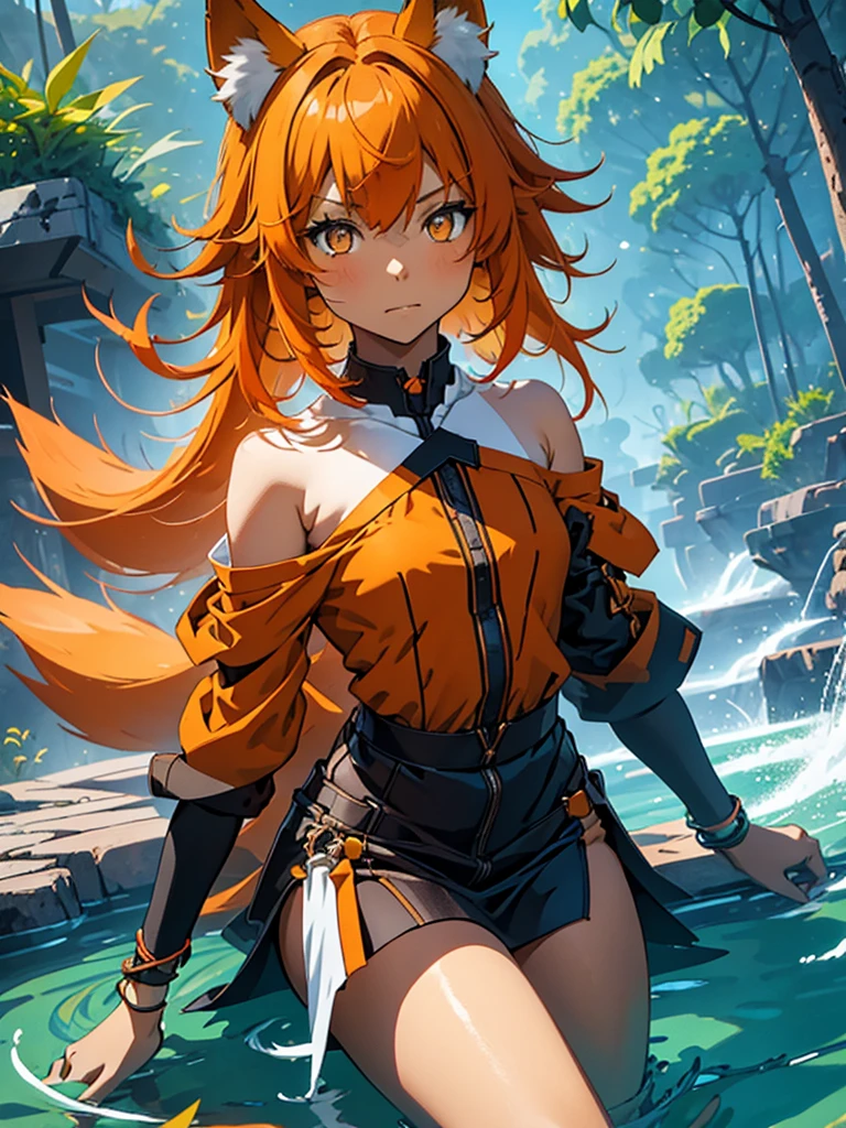 Young girl with shoulder length orange hair and yellow eyes, wearing a simple tunic, orange fox ears with a white tip and an orange fox tail with a white tip.