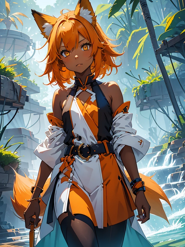 Young girl with shoulder length orange hair and yellow eyes, wearing a simple tunic, orange fox ears with a white tip and an orange fox tail with a white tip.