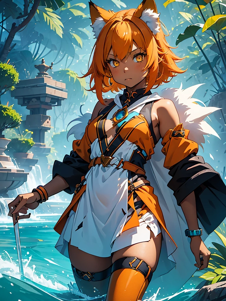 Young girl with shoulder length orange hair and yellow eyes, wearing a simple tunic, orange fox ears with a white tip and an orange fox tail with a white tip.