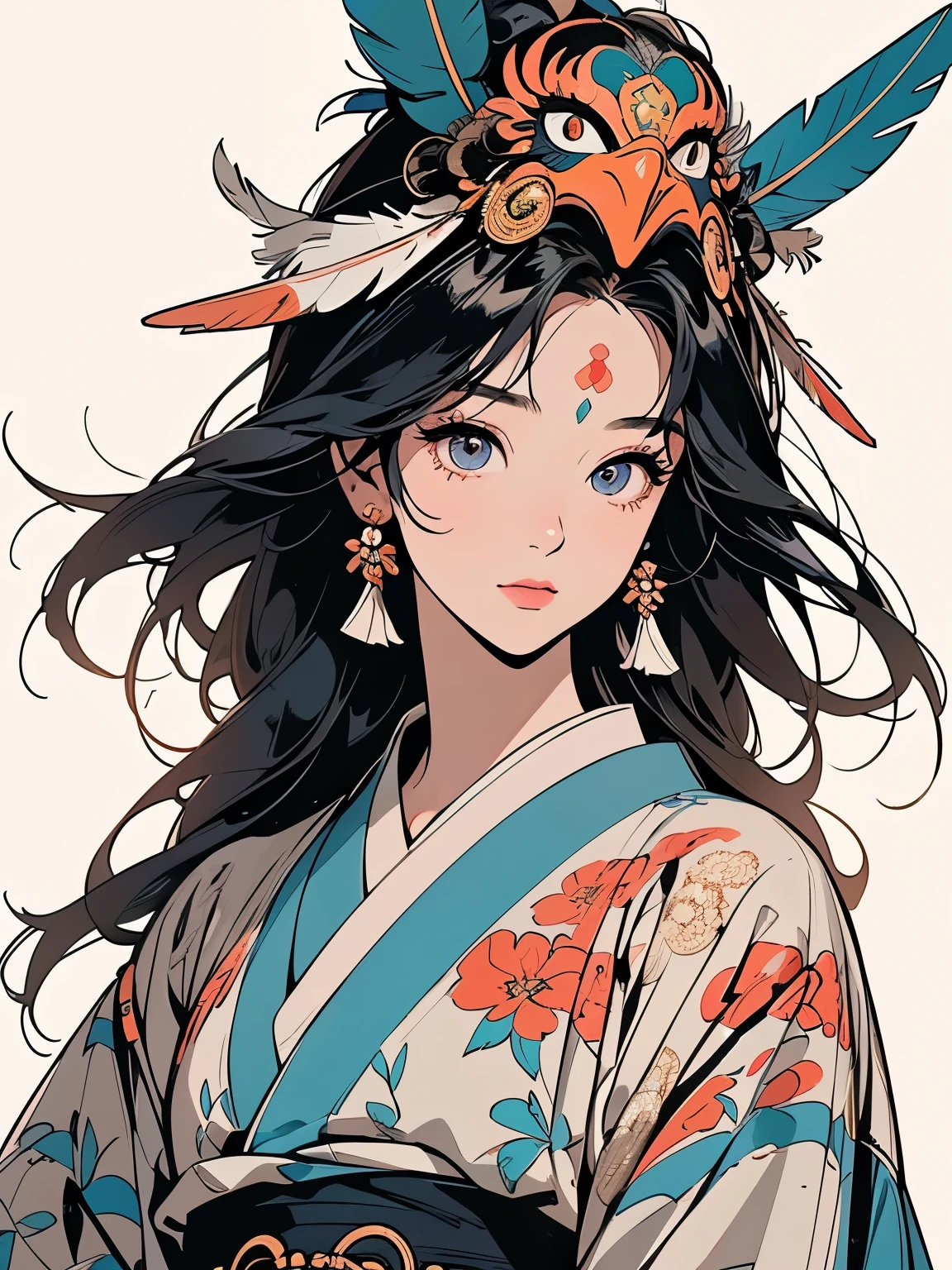 kimono, 完璧なkimono, 詳細なkimono, first-class, Super detailed, White background only, (((Super detailedな装飾))),One Woman, Perfect Face, Faint lighting, (((head shot))), Super detailedな髪、(((Sparkling Eyes))),mysterious, Golden Belt, The wind is blowing, Apparition, Japanese style, Panorama, Long Shot, (((Narrow-eyed beauty))),(((Indian-style feather headdress on head))),Upper Body,(((Complex eye pattern)))、(((He wears an intricate bird-head mask on his head.)))、A beautiful woman、Detailed face、Best quality face、Large feather ornament
