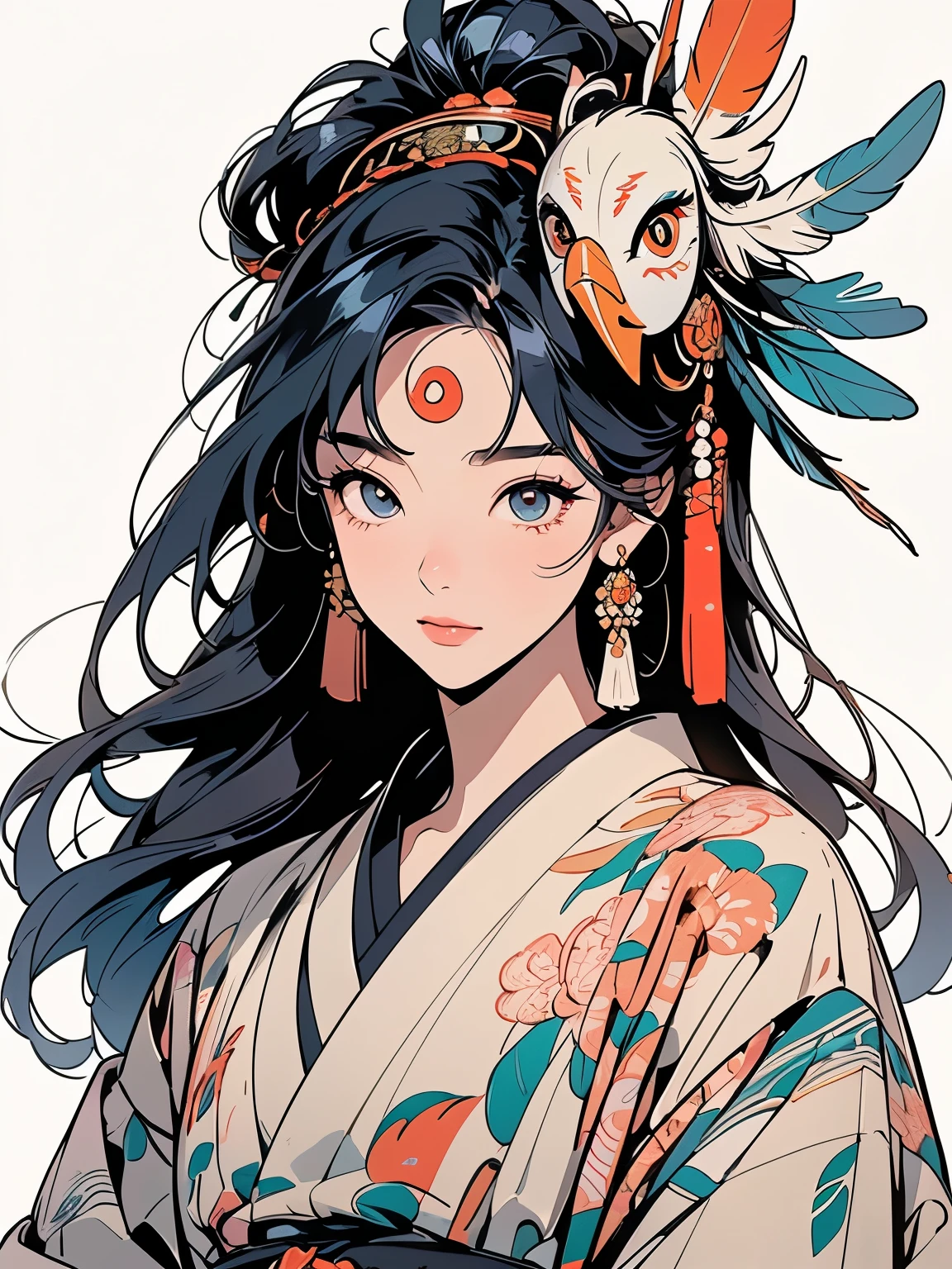 kimono, 完璧なkimono, 詳細なkimono, first-class, Super detailed, White background only, (((Super detailedな装飾))),One Woman, Perfect Face, Faint lighting, (((head shot))), Super detailedな髪、(((Sparkling Eyes))),mysterious, Golden Belt, The wind is blowing, Apparition, Japanese style, Panorama, Long Shot, (((Narrow-eyed beauty))),(((Indian-style feather headdress on head))),Upper Body,(((Complex eye pattern)))、(((He wears an intricate bird-head mask on his head.)))、A beautiful woman、Detailed face、Best quality face、Large feather ornament