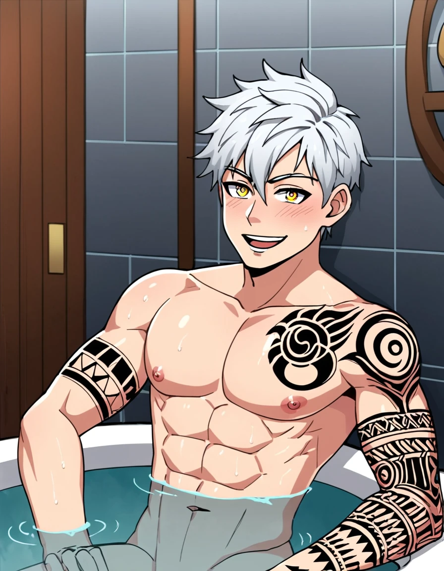 white haired boy in medium size, and Bicolor Eyes in Yellow and Blue. Make Him Tall Strong and Handsome With Body Tattoos, He Is Totally Naked and Excited in the Bath.