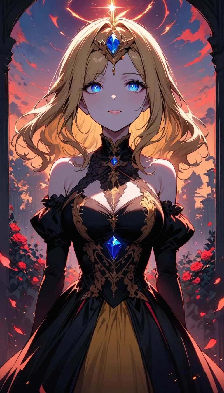 (((Obra maestra, La mejor calidad, ultrahigh resolution))), 1girl, standing, smiling, ((long wavy blonde hair, radiant headpiece:1.3)), pale skin, ((sky blue eyes, effervescent aura:1.3)), glowing eyes, (((ultra detailed eyes:0.8, angelic face, ambitious detail counting:1.2))), ((centered and proud posture)), (close-up shot), facing viewer, (((gazing at the sunset, fingers delicately joined in front of chest:0.9))), large breasts, eternal youthfulness, looking up, serene expression, (((graceful waifu, nobility:1.1))), 25 years old, brimming with warmth, ((gentle gaze)), medium contrast