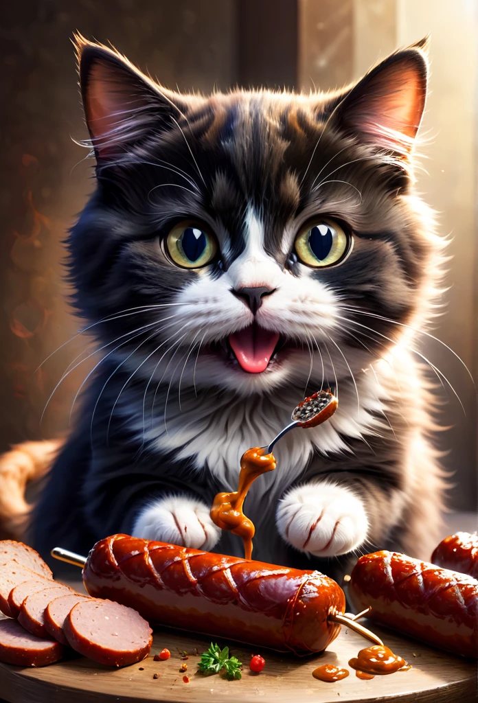 The cat eats sausage