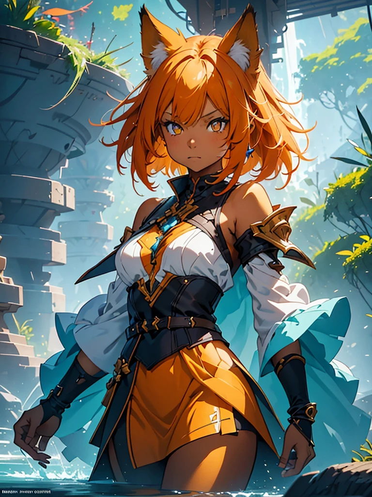 A young girl with shoulder length orange hair, yellow eyes, wearing a simple tunic, orange fox ears with a white tip, orange fox tail with a white tip, cute, detailed face, beautiful eyes, detailed features, fantasy, highly detailed, 8K, HDR, cinematic lighting, vibrant colors, magical, whimsical, digital painting, concept art style