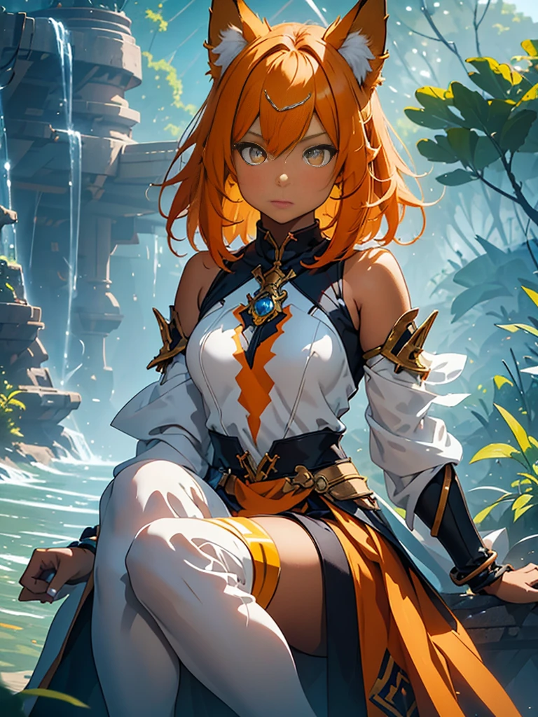 A young girl with shoulder length orange hair, yellow eyes, wearing a simple tunic, orange fox ears with a white tip, orange fox tail with a white tip, cute, detailed face, beautiful eyes, detailed features, fantasy, highly detailed, 8K, HDR, cinematic lighting, vibrant colors, magical, whimsical, digital painting, concept art style