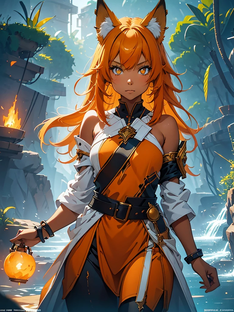 A young girl with shoulder length orange hair, yellow eyes, wearing a simple tunic, orange fox ears with a white tip, orange fox tail with a white tip, cute, detailed face, beautiful eyes, detailed features, fantasy, highly detailed, 8K, HDR, cinematic lighting, vibrant colors, magical, whimsical, digital painting, concept art style