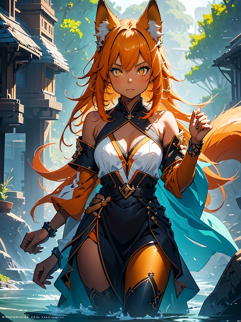 A young girl with shoulder length orange hair, yellow eyes, wearing a simple tunic, orange fox ears with a white tip, orange fox tail with a white tip, cute, detailed face, beautiful eyes, detailed features, fantasy, highly detailed, 8K, HDR, cinematic lighting, vibrant colors, magical, whimsical, digital painting, concept art style