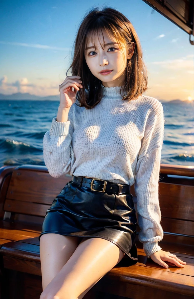 The sky turns red、Laugh out loud、Woman standing on a boat、Light brown hair、Elegant hairstyle、Blue Eyed Woman、A woman with a cute upward gaze、When the sky gets dark、The gentle light of the ship shines、The sky turns red as the sun sets、Tight clothing that shows your body lines、、Elegant navy blue summer knit、Elegant black summer sweater、belt、Short skirt、Dress elegantly着こなす、Luxury Bagedium Shorthair:1.4))、Skyscrapers seen across the sea、Manhattan 私sland is visible offshore、Woman on a sightseeing boat、、The sun shines on her、Light brown hair、Light brown hair、The sky was dyed red、There are clouds、private's cute、An elegantly dressed woman is sitting on a boat and watching the sunset、彼女のAmple breastsは服の上からでも明らかです.、輝く太陽はとてもbeautiful、Dusk is approaching、Lens flare、You can see the sunset、((Sunlight reflecting off the ocean、Ocean View、The sun shines on the ocean、'beautiful.、Small earrings、private'evening、Birds are also flying、、Brown Hair Color、Tying up hair、The woman is on the right:1.4))、高級レザーbelt、Shiny clothes、Light beige hair color、Background Blur、Braid only the front hair、Light brown hair、{{Cowgirl Shot}}、((Close-up shot from the waist up、Ample breasts:1.4))、にっこりsmile、Silk clothing、服からでも分かるAmple breasts、Braid only the front hair、Cowboy Shot、Gorgeous white collared silk shirt and brown skirt、Dress elegantly、Luxury Bags、素敵なsmile、((Ample breasts))、Full body photo、ring、Short skirt、Tuck your hair behind one ear、Silver Necklace、smile、 Elegant ponytail、Caustics、Highly detailed photos、Very beautiful and ideal short hair、Super no makeup、(8K、RAW Photos、Highest quality、masterpiece:1.2)、(Realistic、Realistic)、1 Girl、((Medium Short Hair、Looking into the camera:1.4))、Hair blowing in the wind