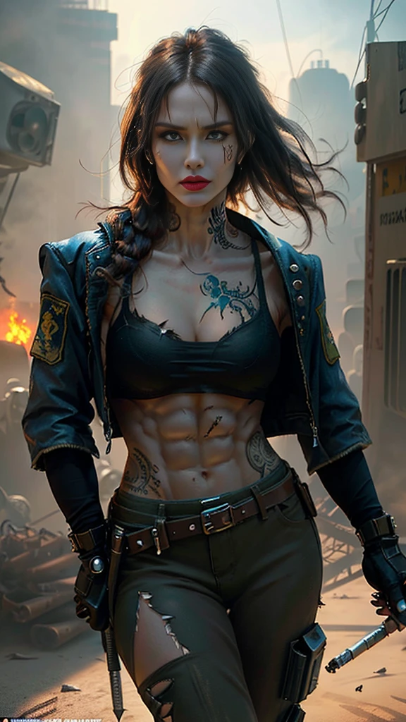 ((tattoo's)), (((european face, Large jaw line ))), Woman walking with determination, Torn torn torn post-apocalyptic military uniform, combat jacket with ripped holes, combat pants with torn holes, (use of weapons and explosives), (((extravagant breasts))),((Breasts huge)),((macromastia)) heavy and intense makeup, Bblack hair ((fitness abs)), Futuristic sci-fi post-apocalyptic world, beautiful female evil creatures, Madmax Movie ,Brutal Violent Dark Cyberpunk Dramatic Background, (((Unreal Cinematic Photorealistic Engine)))