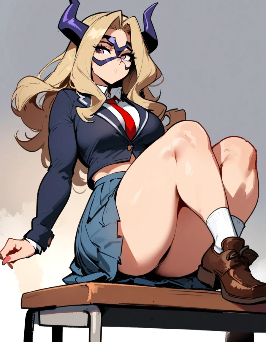 1girl, mount lady, boku no hero academia \\\\\ masterpiece, best quality, very aesthetic, absurdres, newest \\\\\\ sportive body, \\\\\\ by dodok, nyantcha, cutesexyrobutts, by khyle ///// blonde, purple eyes, (school uniform:1.2), skirt, , 24 years old, white background,tie,sit on desk, below view,