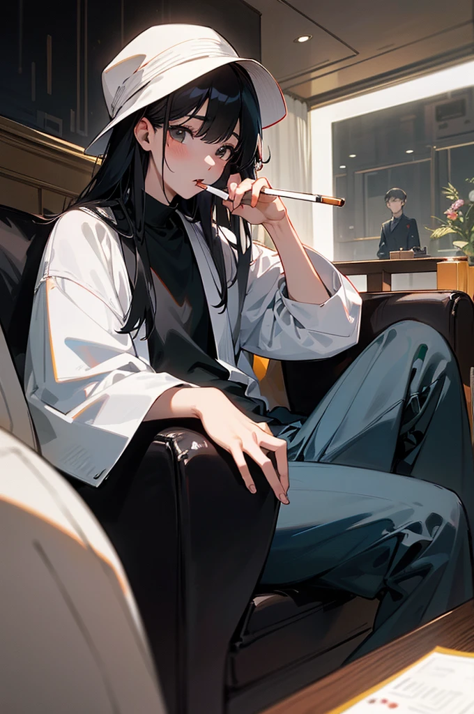 Sitting on a black sofa、Holding a cigarette、Around fifty people looking at their smartphones, korean artist, Sitting in Tokyo, Hyuntae, Shot with a Canon 8.0D, sitting in the lounge, Shot on Sony α9, By Kanbun Master, Color photography, Inspired by Lee Jong Suk, Trying to study, Kim Tae-jun