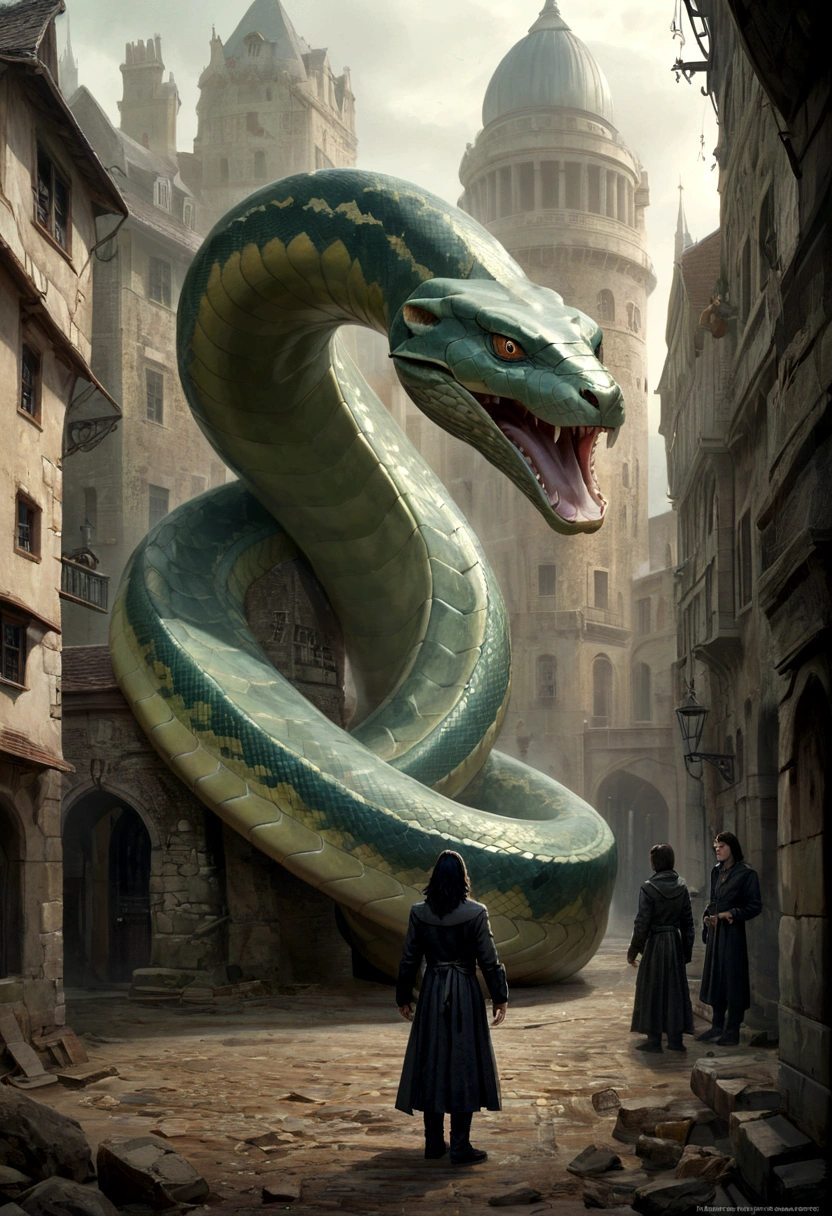 there is a young  severus snape  standing next to a giant snake, an ominous fantasy illustration, by Adam Marczyński, coiled realistic serpents, style of alan lee and john howe, realistic fantasy illustration, by Ludwik Konarzewski, hyperrealistic d & d fantasy art, by László Balogh , a fantasy comic book style, summoning an eldritch god, artgerm comic