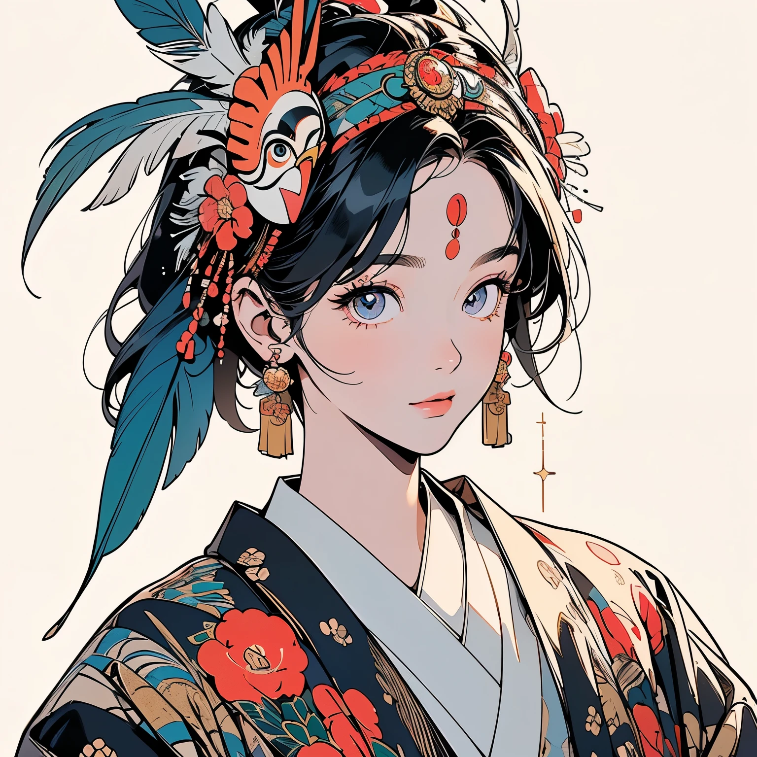 kimono, 完璧なkimono, 詳細なkimono, first-class, Super detailed, White background only, (((Super detailedな装飾))),One Woman, Perfect Face, Faint lighting, (((head shot))), Super detailedな髪、(((Sparkling Eyes))),mysterious, Golden Belt, The wind is blowing, Apparition, Japanese style, Panorama, Long Shot, (((Narrow-eyed beauty))),(((Indian-style feather headdress on head))),Upper Body,(((Complex eye pattern)))、(((He wears an intricate bird-head mask on his head.)))、A beautiful woman、Detailed face、Best quality face、Large feather ornament、short hair