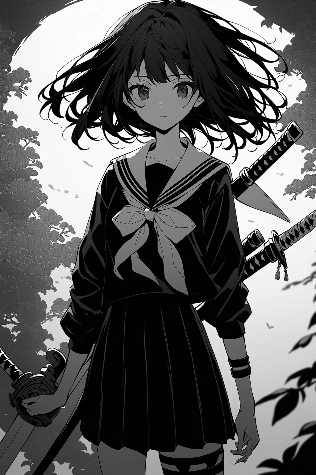 Beautiful anime portrait,Black monochrome，Oriental Wallpaper，Gray-black，Feeling，very anime style，Sailor Suit，whole body，Soft Light，Rich in details，Sad expression，leg ring decoration，Background blur，Vivid colors，情Feeling深沉，front，Standing posture，Samurai sword