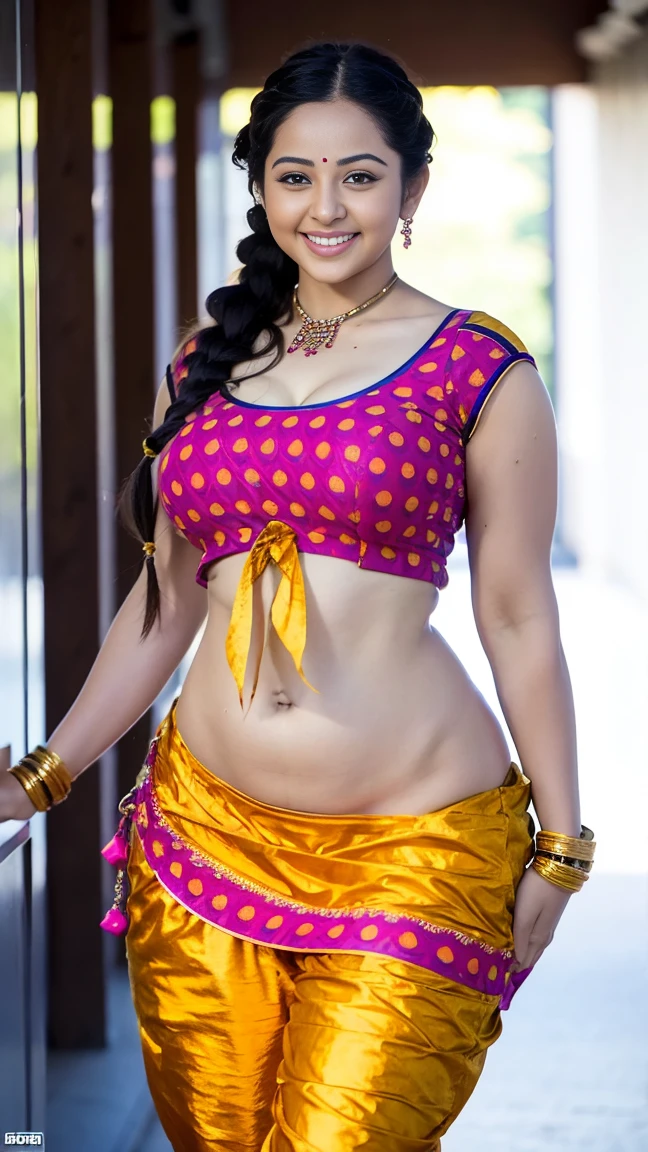 HD wallpaper 32k cinematic shoot of a Beautiful cute girl, with thick thighs and a curvy waist, twin braids, wearing an Indian blouse top, horny, seductively, in a school corridor, dotted blouse top, smiling, ((long curvy waist)), ((lowwaist)), ((curvy waist))