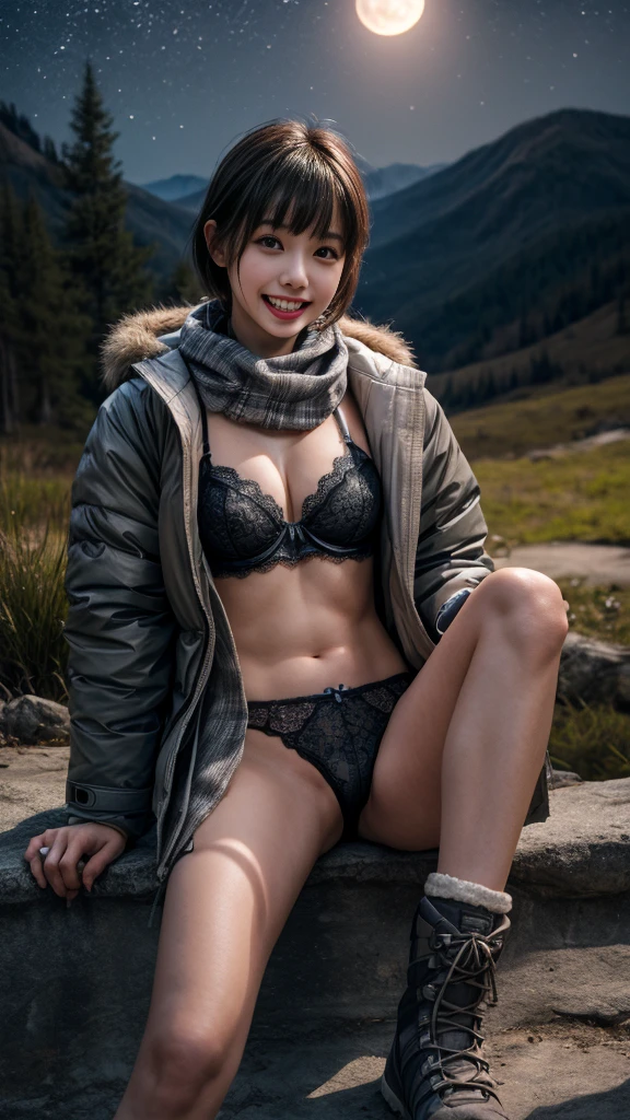 Browsing Caution、(((Night view、moon)))、((Scarf、White Breath、Beautiful starry sky、In the mountains、smile、in the forest、winter、Cottage))、Sit in front of the bonfire、Outdoor、(((Front open short down jacket)))、((Leg warmers))、((Trekking boots))、 table、((Big Breasts))、short hair、((Blunt bangs))、High resolution、High resolution、In 8K、Real Live Action、RAW Photosgraphy、Highest quality、masterpiece、tableトップ、erotic,White skin,knees, Absurd,Small face、masterpiece,Highest quality、超High resolution,RAW Photos,only,One person, One personで,whole body、very nice、Japanese women,（Realistic：1.4）、Photon Mapping、Realistic、Beautiful woman、物理ベースのonlyダリング、Qianfang、Depth of field rally background、 Soft Nose, Sparkling eyes、Glossy Lips、((Spread your legs))、(((The detailed design of the black lace and grey lingerie is visible)))、(((Super small panties)))、(((Bite)))