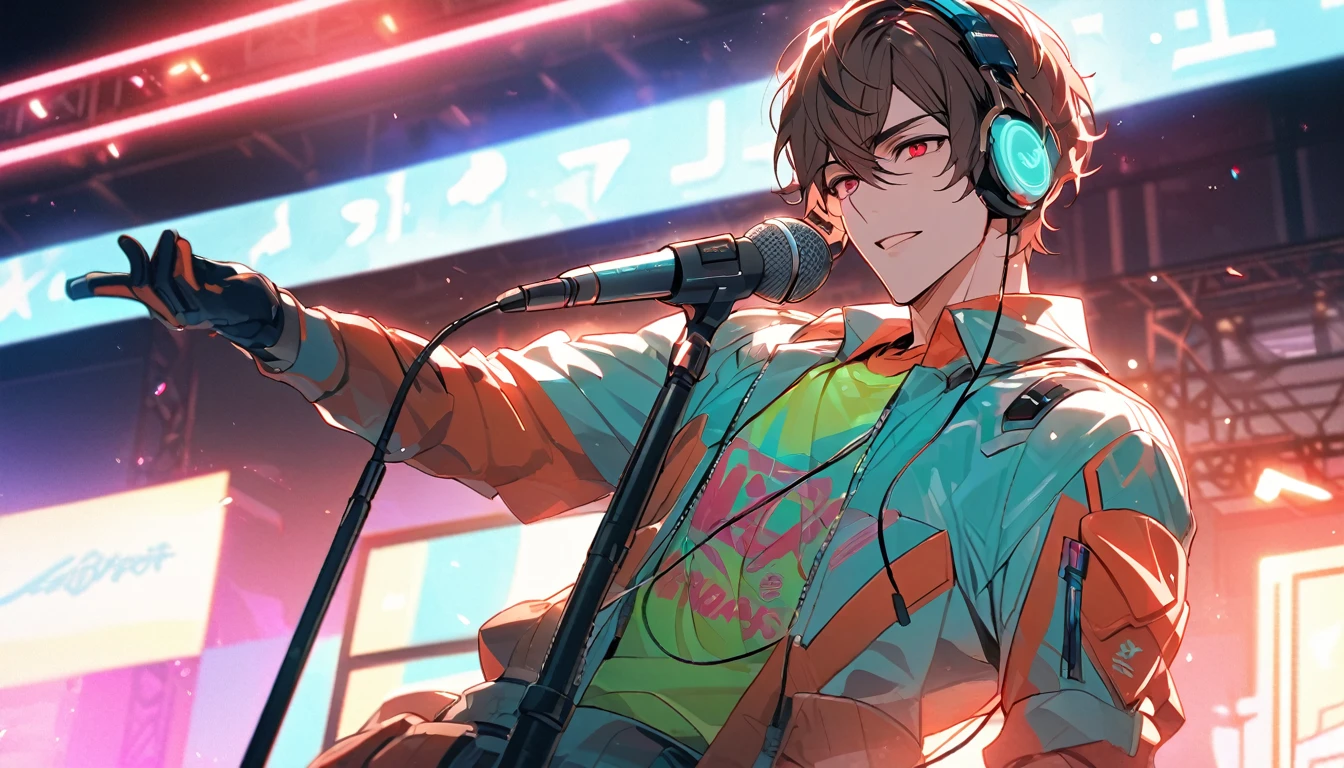 Handsome, single, clearly washed out, male, red eyes, short, brown hair, headphones, neon colored sci-fi robot suit. Mixes sci-fi and neon tones. Behind it is a robot with neon lights. In the background, a large robot clearly sings on stage, wearing a neon shirt and holding a cool microphone. and sing on stage