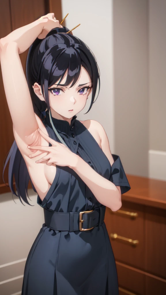 photorealistic, (4k), depth of field, woman, long hair, black hair, ponytail, hairpin, purple eyes, (((naked))), looking at viewers eyes, ((armpit_spread)), nsfw