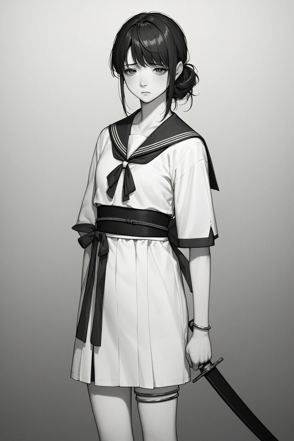 Beautiful anime portrait,Black monochrome,Oriental Wallpaper,Gray-black,Feeling,very anime style,Sailor Suit,whole body,Soft Light,Rich in details,Sad expression,leg ring decoration,Background blur,Vivid colors,情Feeling深沉,front,Standing posture,Samurai sword