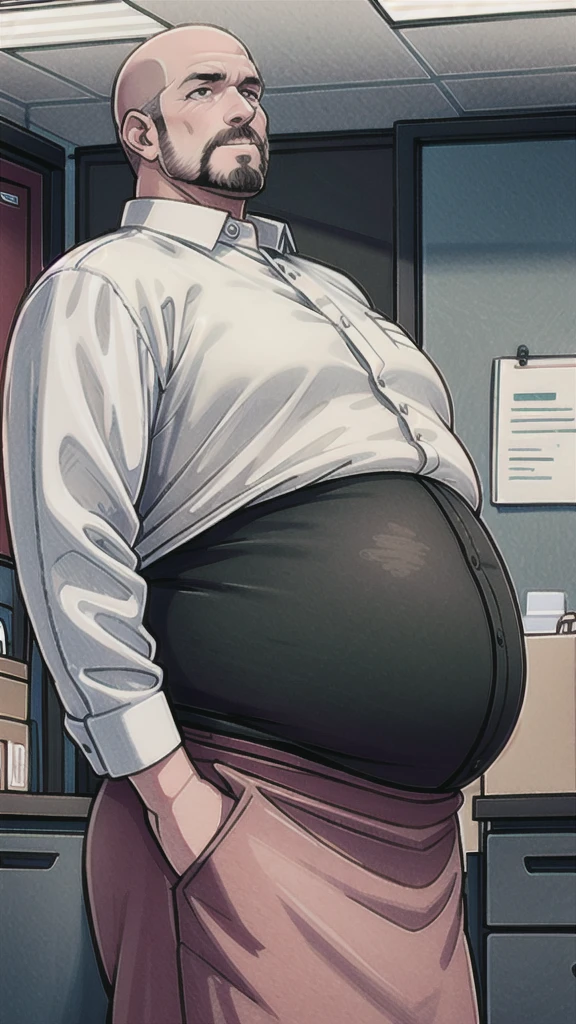 A middle-aged bald man with a big belly,Wearing a shirt,In the office