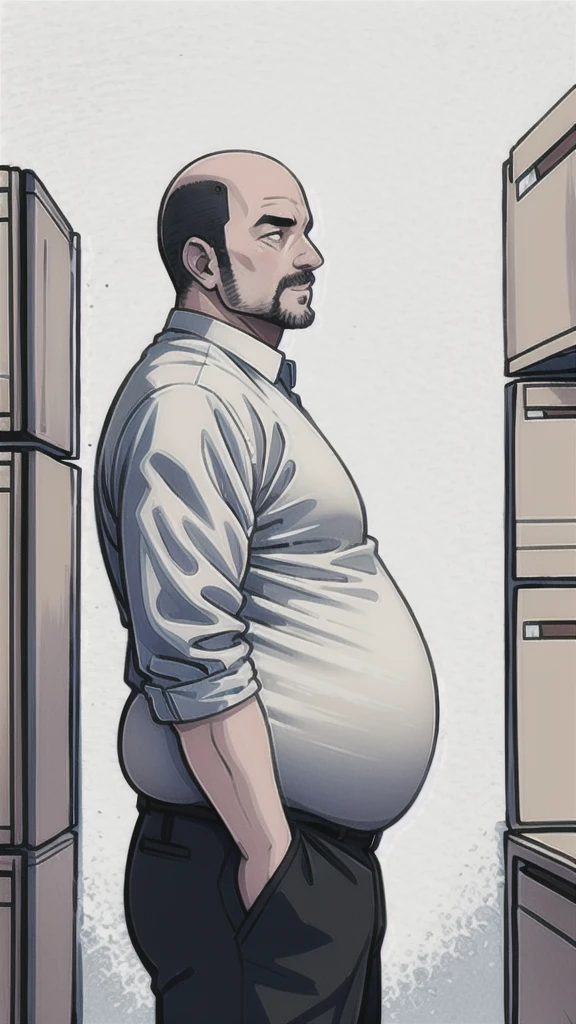 A middle-aged bald man with a big belly,Wearing a shirt,In the office