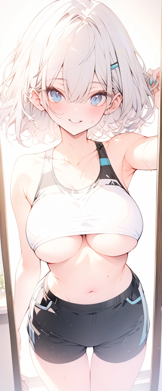beautiful, masterpiece, Highest quality, anime, One girl, C Cup,Portrait Shot, View your viewers, Covered、Short Hair、nearby、Blue Eyes、art、、White hair,Blue streaked hair、hairpin、Cute smile、Thighs、Cute、Beautiful breasts、Sweat、Sports bra、Shorts、Through the mirror_photograph、Private room、navel、Underboob