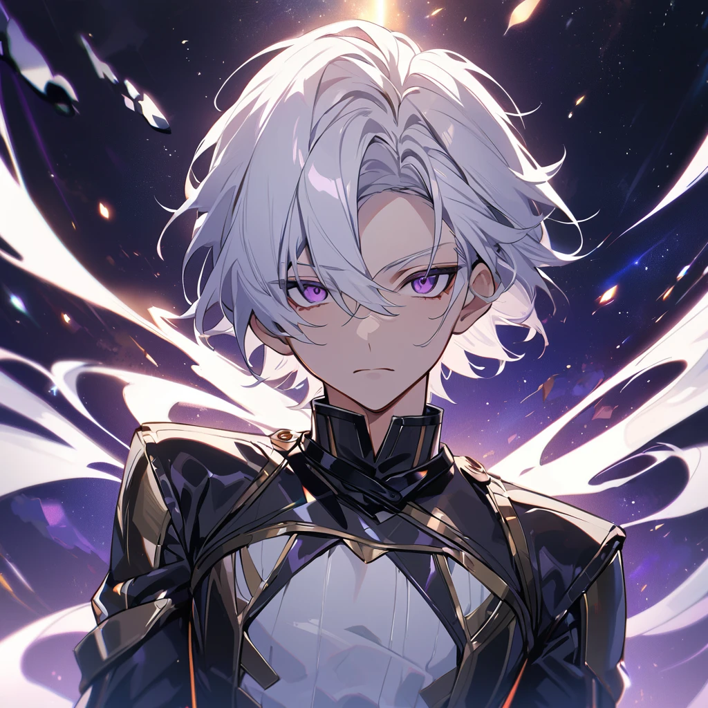 High quality, HD, 4k, no shadows, handsome male, 1male, 17 years old, teenager, golden lining, short white hair, sharp eyes, dark purple eyes, deep purple eyes, devil may cry, close up, calm expression, stoic expression, black leather clothes, white leather clothing, lean body, well trained body, upper body, looking at viewer, cowboy shot, white solar, space background