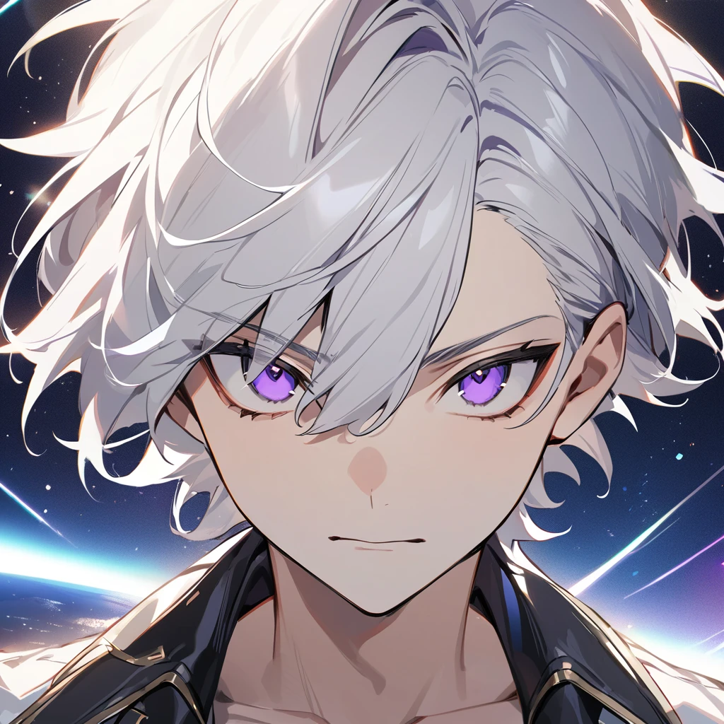 High quality, HD, 4k, no shadows, handsome male, 1male, , teenager, golden lining, short white hair, sharp eyes, dark purple eyes, deep purple eyes, devil may cry, close up, calm expression, stoic expression, black leather clothes, white leather clothing, lean body, well trained body, upper body, looking at viewer, cowboy shot, white solar, space background