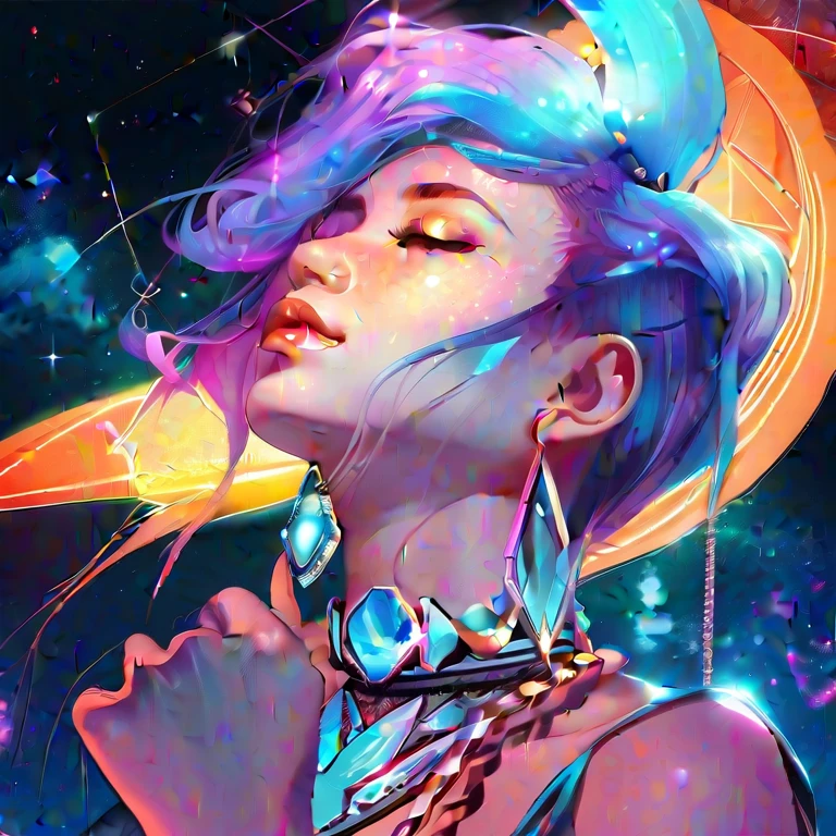 Close-up of a woman with another woman kissing her necklace, girl with cosmic hair, Rossdraws' soft vitality, Gouvez style artwork, fantasy art style, colorful], vibrant fantasy style, Rossdraws cartoon full of vitality, cosmic and colorful, Guweiz, colorful digital fantasy art, stunning art style, beautiful anime style, white skin, subtle