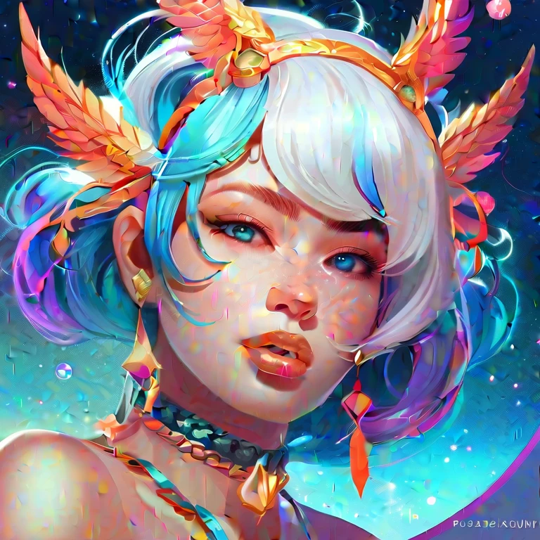 Close-up of a woman with another woman kissing her necklace, girl with cosmic hair, Rossdraws' soft vitality, Gouvez style artwork, fantasy art style, colorful], vibrant fantasy style, Rossdraws cartoon full of vitality, cosmic and colorful, Guweiz, colorful digital fantasy art, stunning art style, beautiful anime style, white skin, subtle