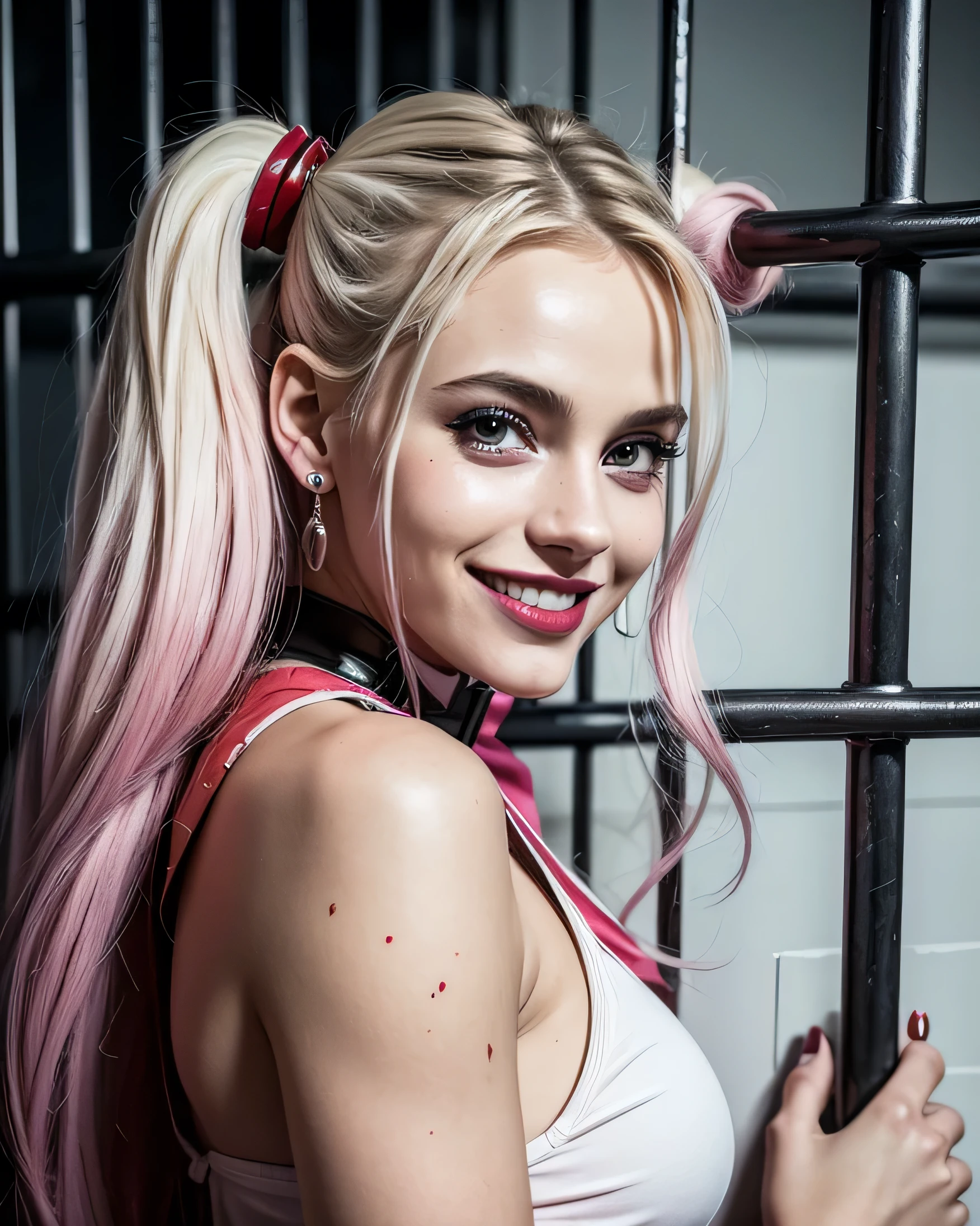 Ultra HD resolution，artistic photos，Professional Photography，21 year girl, earrings, long brunette hair, cold white ultra realistic skin，dressed as Harley quinn, locked up in a prison, Messy hair, smiling at viewer, natural pink lips