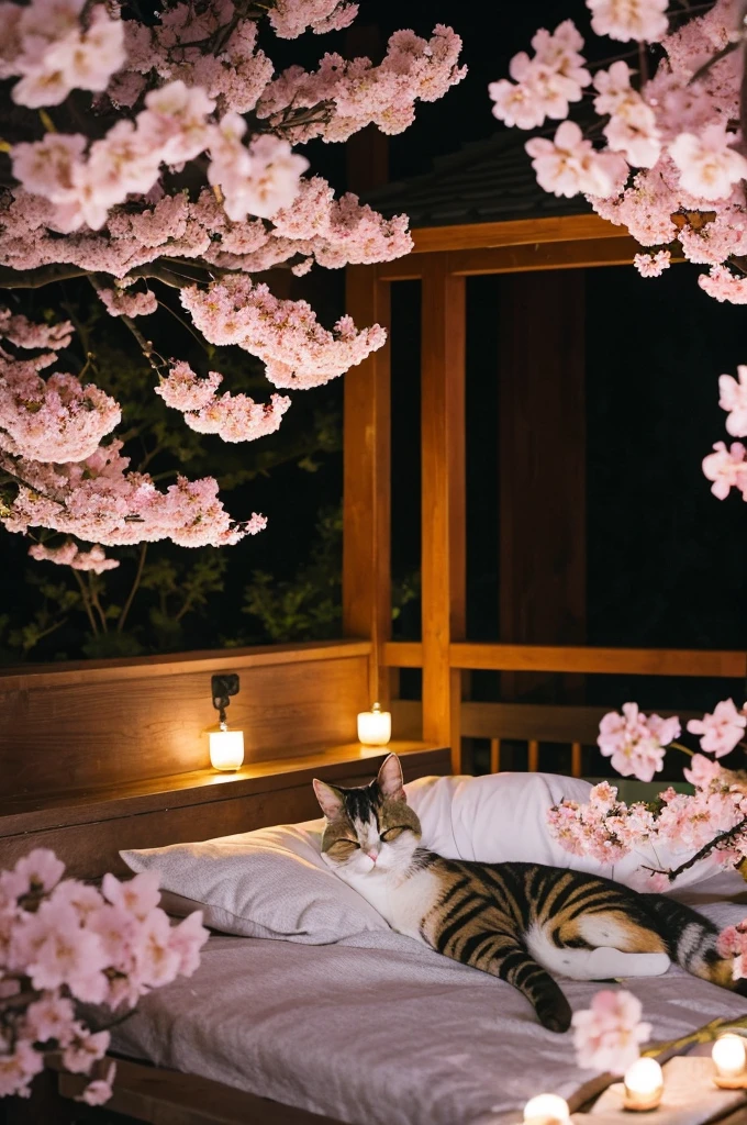 Surrounded by cherry blossoms at night、Sleeping cat